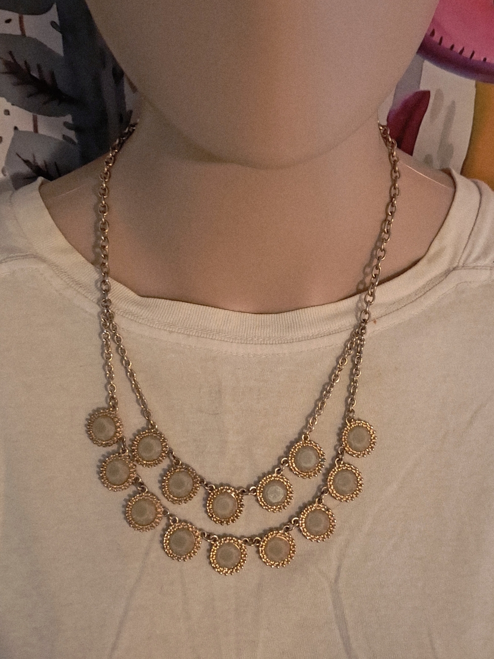 Sage- Cream Faux Gem Gold Tone Multistrand Circle Pendant Necklace Women Jewelry